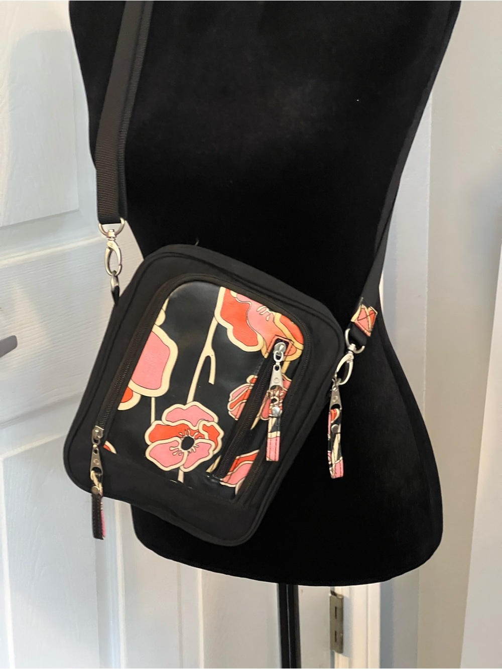 Ellington Black Crossbody with Pink and Orange Floral Panels